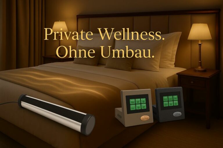 Luxuriöses Hotelzimmer mit Boxspringbett und diskreter sinwave Private Wellness Integration