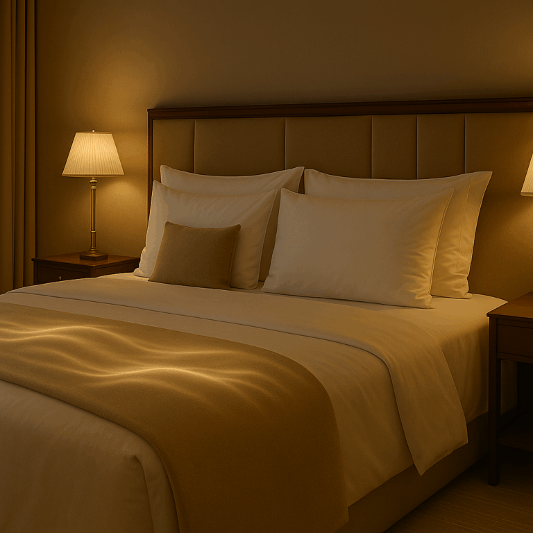 Luxuriöses Hotelzimmer mit Boxspringbett und diskreter sinwave Private Wellness Integration