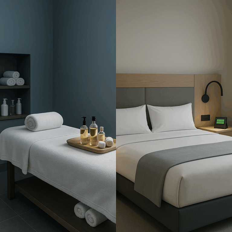 Spa-Bereich und Gegenüberstellung Hotelzimmer mit sinwave Steuergerät