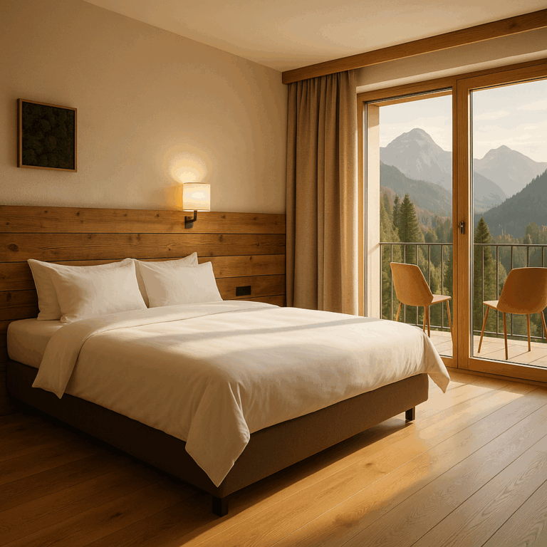 Stilvolles Hotelzimmer mit Holzvertäfelung, großem Boxspringbett und Bergblick. Symbolbild für Private Wellness mit sinwave® im Hotelzimmer.