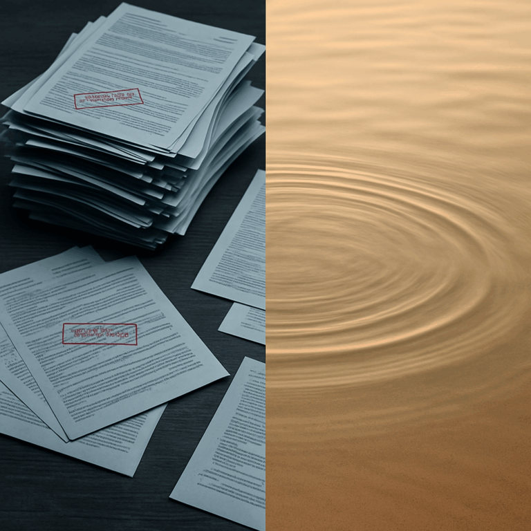 Split-Screen-Bild: Links chaotischer Schreibtisch mit Dokumentenstapeln und roten Stempeln (Bürokratie), rechts ruhige Wasseroberfläche mit sanften Wellen (Wellness)