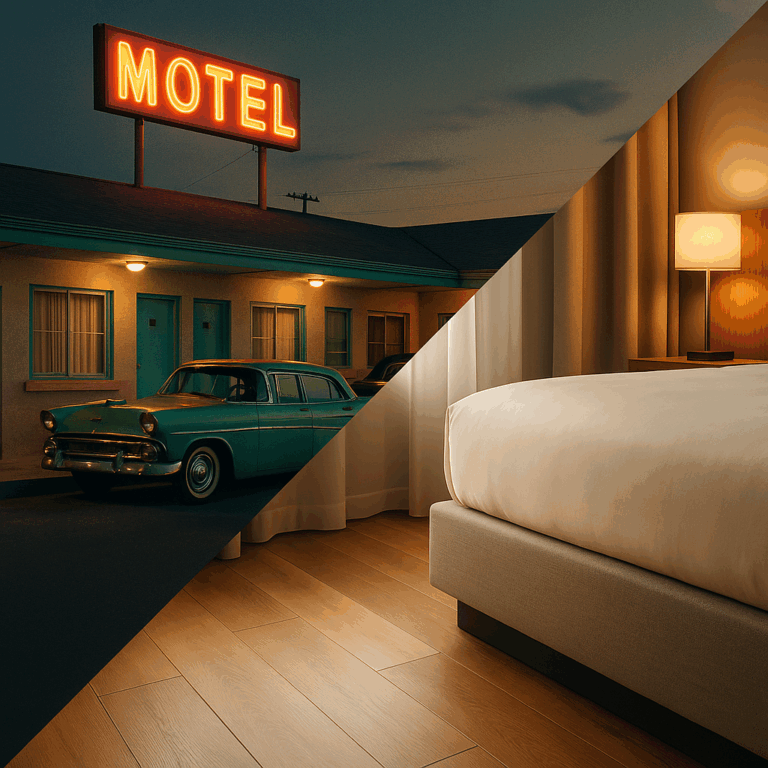 Außenansicht Motel 1958 im Splitscreen zum Hotelzimmer von 2025