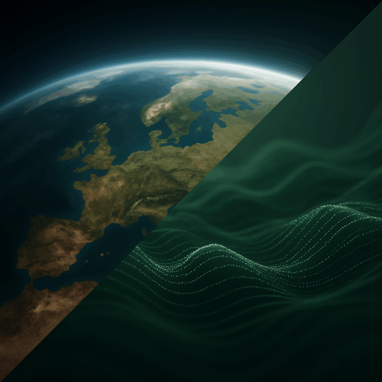 Split-Screen-Bild: Links Erde aus dem Weltraum mit Europa im Fokus, rechts abstrakte Darstellung von Schallwellen in natürlichem Grün, diagonaler Schnitt von unten links nach oben rechts