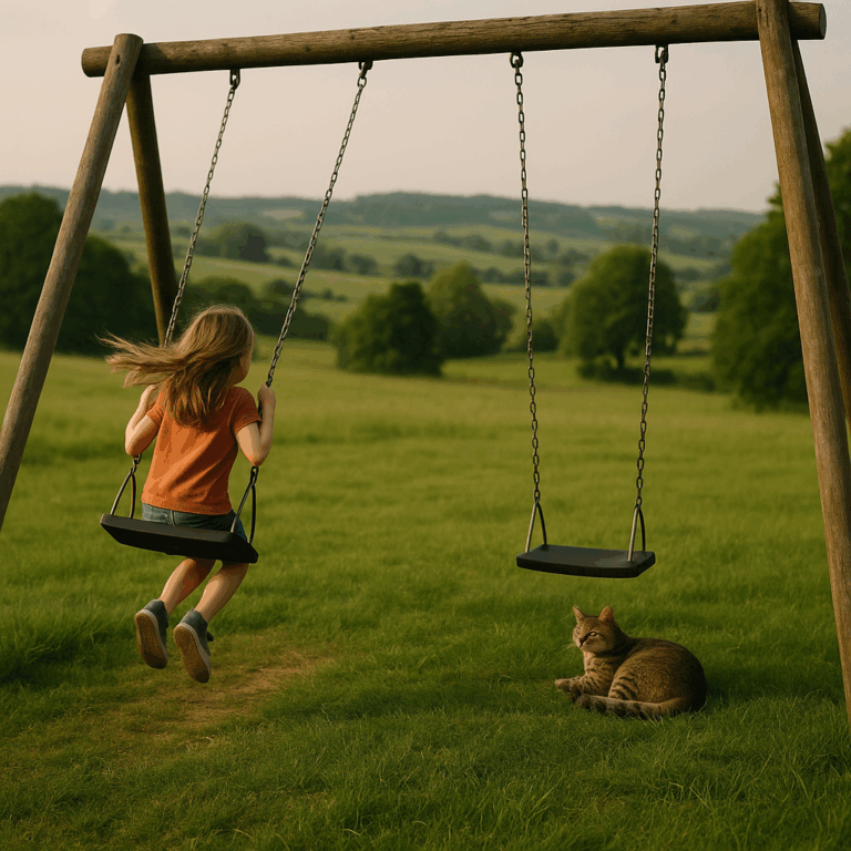 Ein Mädchen schaukelt im Freien auf einer Doppelschaukel, daneben liegt eine Katze im Gras. Weite grüne Landschaft im Hintergrund.