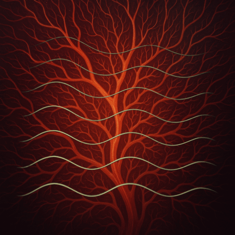 Visualisierung der Mikrozirkulation mit Oszillationswellen, die Durchblutung und Zellgesundheit für Longevity symbolisieren